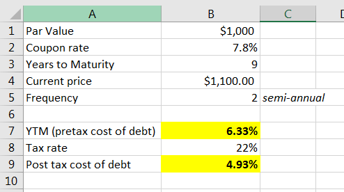 $1,000 7.8% А 1 Par Value 2 Coupon rate 3 Years to Maturity 4 Current price 5 Frequency 6 7 YTM (pretax cost of debt) 8 Tax r