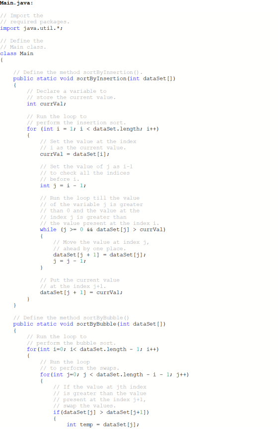 Main.java: // Import the // required packages. import java.util.*; // Define the // Main class. class Main { // Define the me