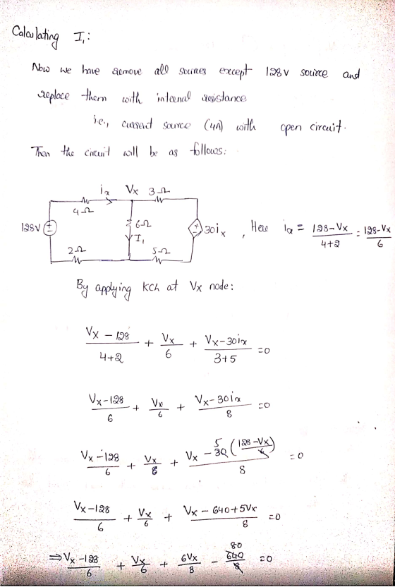 Calculating I, and Now we have remove all sounes except 28 V source Heplace them with internal rogistance be, current source