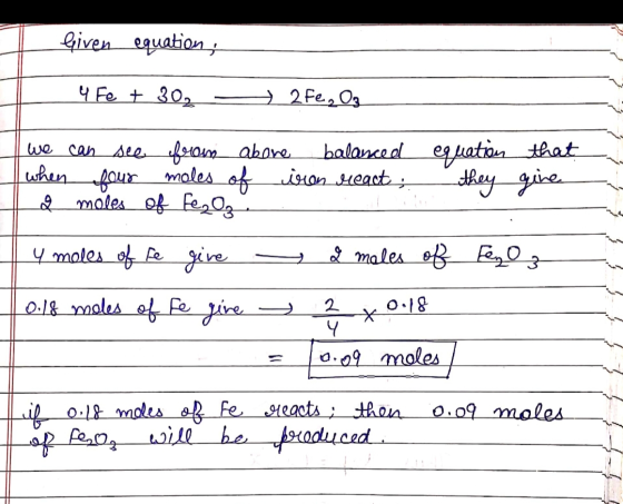 biren equation , 4 Fe + 302 - 2fe, Oz we can see from abone balanced equation that when four moles of iron react they give &