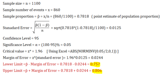 Sample size = n = 1100 Sample number of events = x = 860 Sample proportion = p = x/n = (860/1100) = 0.7818 (point estimate of
