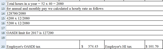 12 Total hours in a year-52 x 40 2080 13 for annual and monthly pay we calculated a hourly rate as follows 14 128700/2080 15