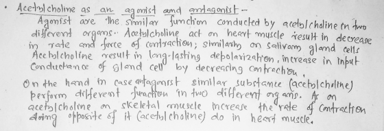 • Acetylcholine as an agonist and antagonista Agonist are the similar function conducted by acetylcholine in two different or