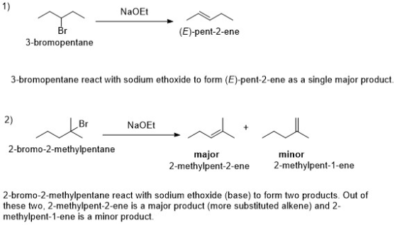 1) NaOEt Br (E-pent-2-ene 3-bromopentane 3-bromopentane react with sodium ethoxide to form (E)-pent-2-ene as a single major p