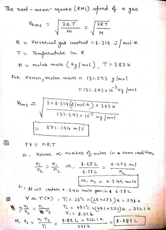 The root - mean-squase (RMS) speed of a gas R = Vniversal god constant = 8.314 J/molik T = Tempesatuse in K Ma molar mass (kg