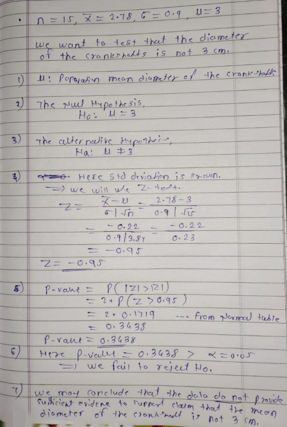 . n =15, X= 2.78 G= 0.9 0= 3 we want to test that the diameter of the cranks hadts is not 3 cm. ll Popolation mean diameter o