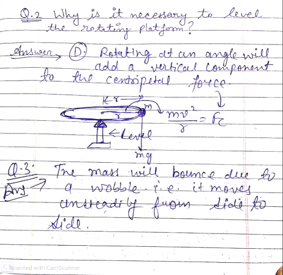 angle will add a Q.2 Why is it is it necessa ssary to level the rotating platform? Answer, 1 Rotating at an to the vertical c