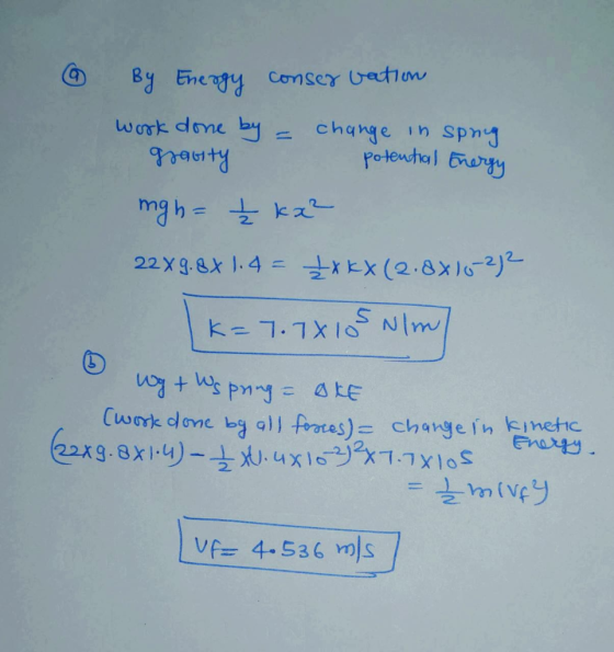 By Energy conservation work done by = change in spng gravity potential Energy mgh £ ka? 22x9.88 1.4 = £xkx (2.8x10- 22 K= 7.7