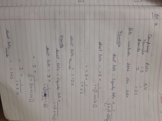 Page No Q5 b. Company Beta Yamaha DE Slonda 2 1.25 lets unlever both the beta Yamaha ilsset bete = Equity beta x 1 1 + (1-ENT