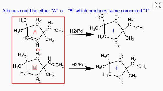 K С С H3C H3C CH3 Alkenes could be either A or B which produces same compound 1 H3C H2 H3C H2 -C H2 С H2 CH3 A CH3 H2/P