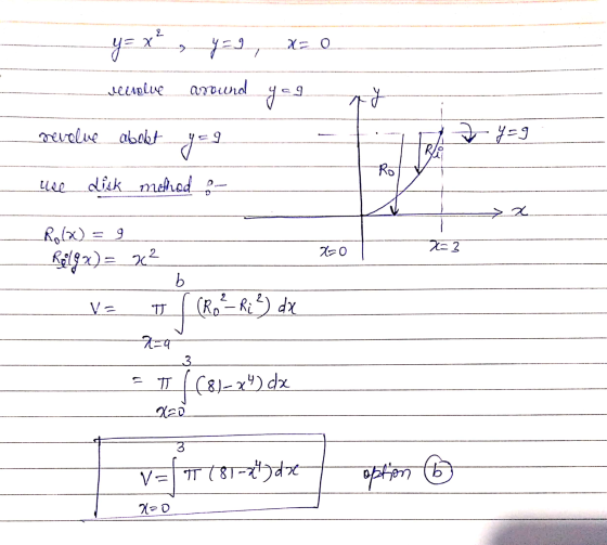 x 0 y= x, y31 reenlive around yag revolve abokt ya TY - 4-3 tahan Ro lice disk method - > Rolx). = 9 23 X=0 Rally 2) = 32 b 2