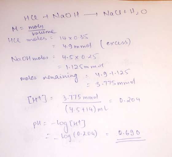 HCl + NaOH NacetH,o M = moles voueme Hee moles = 14 +0.35 = 4.9 mmos (excess) Na oH moles = 4.5% 0. 25 a = 1.125mmol moles re