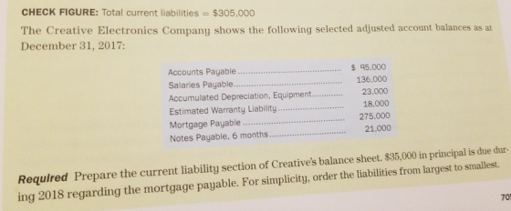 CHECK FIGURE: Total current liabilities $305,000 The Creative Electronics Company shows the following selected adjusted account balances as at December 31, 2017: Accounts Payable Salaries Payable.. Accumulated Depreciation, Equipment.23,000 Estimated Warranty Liability Mortgage Payable ..275,000 Notes Payable, 6 months. 21,000 $ 95,000 136,000 Required Prepare the current liability section of Creatives balance sheet. $35,000 in principal is due dur- ing 2018 regarding the mortgage payable. For simplicity, order the liabilities from largest to smallest. 70
