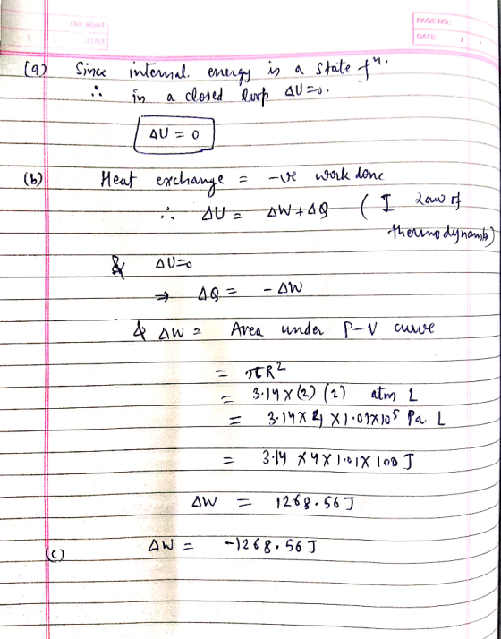 DATE Since i internal energy is a state f. in a closed loop al=0. AUO Heat exchange = -ve work done in Aue +49-(I law of - th