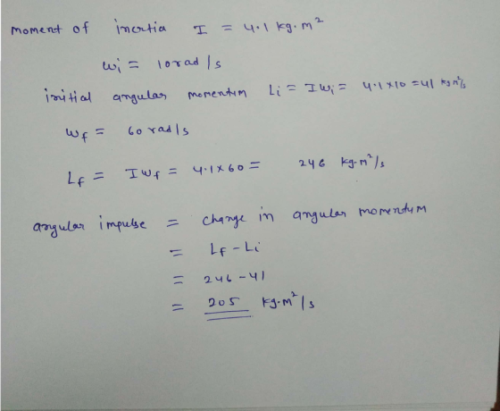 inatia MOMent of I = 4.1kg.m wi 1oTad ls initial amgular Li I 4104g ns Momentin Go Yadls f 246 Kg-n/s 4.1X60 im angular momen
