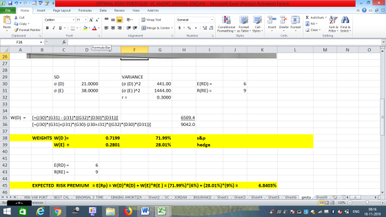 OPTIMAL RISKY PORTFOLIO VC AMORT SINKING JORDAN - Microsoft Excel (Product Activation Failed) File Home Insert Page Layout Fo