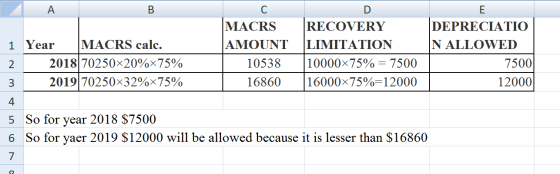 А B. C E 1 Year MACRS calc. 2018 70250x20%x75% 3 2019 70250x32%x75% D MACRS RECOVERY AMOUNT LIMITATION 10538 10000x75% = 7500