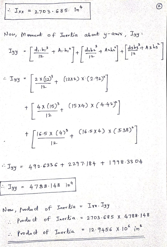 2 4 .. Ixx = 2703.685 in Now, Moment of Inertia about y-anis, Iyy debes Aich, Iyy di.biz 12 [d3b3 + A 3 h3² A2h2² + + + + 12
