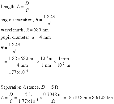 Length, L = 1.22λ angle separation, wavelength, 580 nm pupil di ameter, d 4 mm 1.22λ 1.22x580 nm 10*m 1mm 4 mim 1 nm 10 m = 1