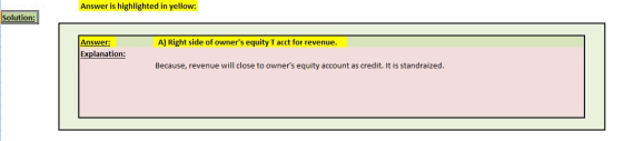 Answer is highlighted in yellow: Solution: A) Right side of owners equity Tacct for revenue. Answer: Explanation: Because, r