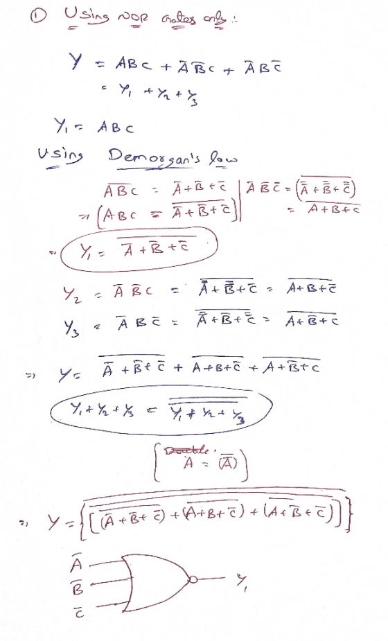 Using nor Gales only.. у = ABC +Ā BCA ĀBE Yo & Yn & Yg Ya ABC using Demorgans low A BC A ti té | ABC = (Ã + B + E) (Авс Y,=