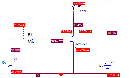 5.250mA < R2 0.22 28.22uA B.845V 28.22uA 5.250mA 10.000 R1 330k 888.7mV Q2N2222 10.00 -5.278mA 10v = V2 10v 28.22A 5.250mA