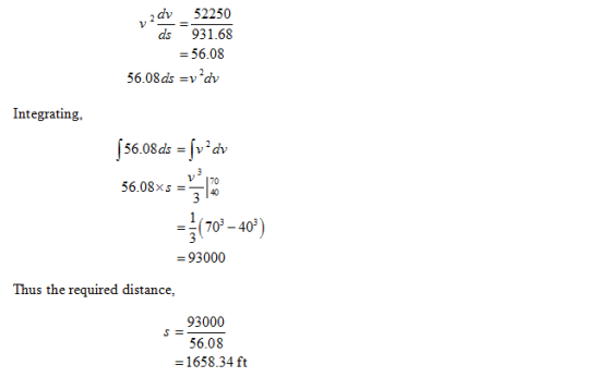 2dv 52250 ds 931.68 = 56.08 56-08as =vdv Integrating 56.08dsvdv V 170 56.08 xs =-140 (70,40%) 93000 Thus the required distan