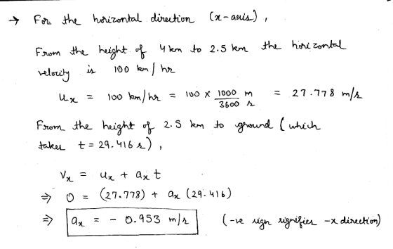 → For the horizontal direction (a-anis). From the height of 4 km to 2.5 km the horizontal relocity is 100 km / hr Una = 100 k
