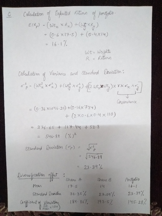 c Calculation of Exfeted Return of portfolio ElRp) = ( Wtc XRx) + (wity XRy) - (0.6 X1705) + (0.4714) = 16.1% Wt= Weights R =