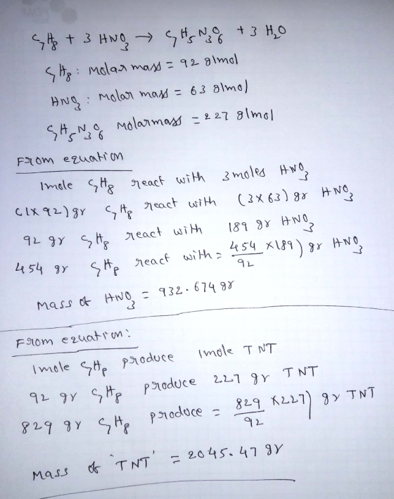 5 36 Hz + 3 HNO HN0% + 3 H2O sto: molar mass = 92 glmol Ang molar mass = 63 8lmol SAN & Molarmass = 227 8lmol From equation I