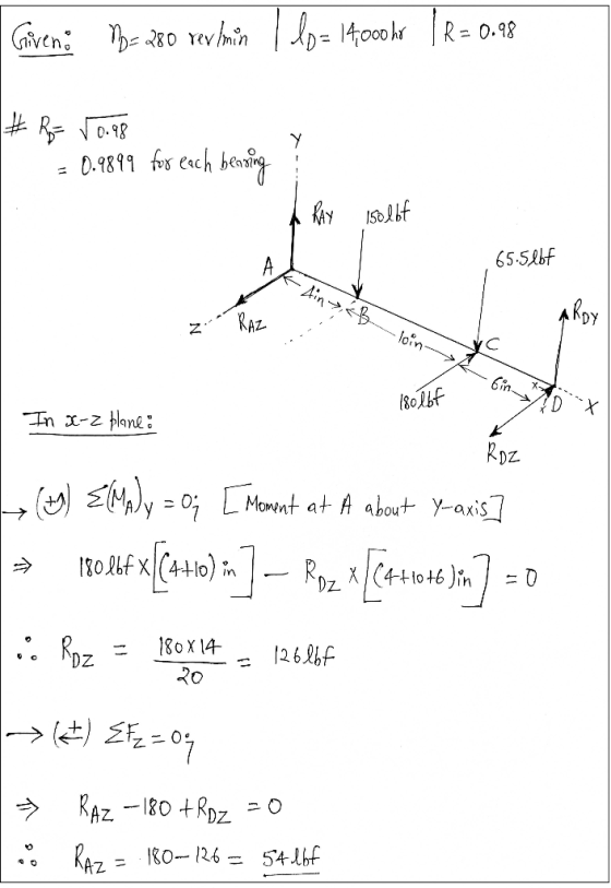 Given: Mo. 280 revimin I lo= 14,000hr | R = 0.98 #Ro= 50.98 = 0.9899 for each bensing A RAY Isolbf Ak Ain>< B 65.5lbf ARDY Z
