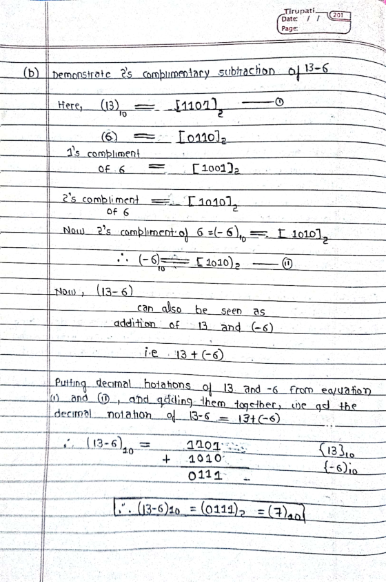 201 Tirupati. Date: 1 Page: (b) demonstrałc_as complimentary subtraction of 13-6 Herez__(13) _$1107 1011012 Is compliment [