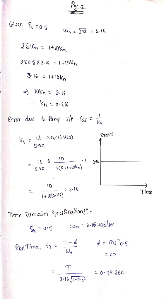 Pg_2 Given E=0.5 Wn=510 = 3.16 2 & Wn= I+10Kn 9X0.5 x 3.16 = 1+10kn 3.16 = 1+10kn =) lokn = 2.16 kn = 0.216 Error due to Ramp