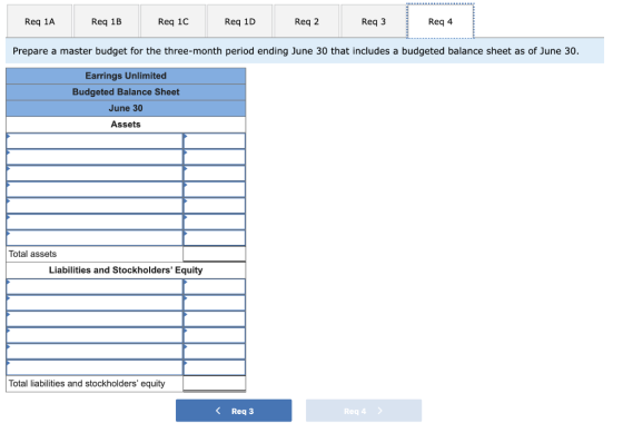 Req 1A Req 1B Req 1C Req 10 Req 1D Req 2 Reqz Req3 Req3 | Rega Req 4 Prepare a master budget for the three-month period endin