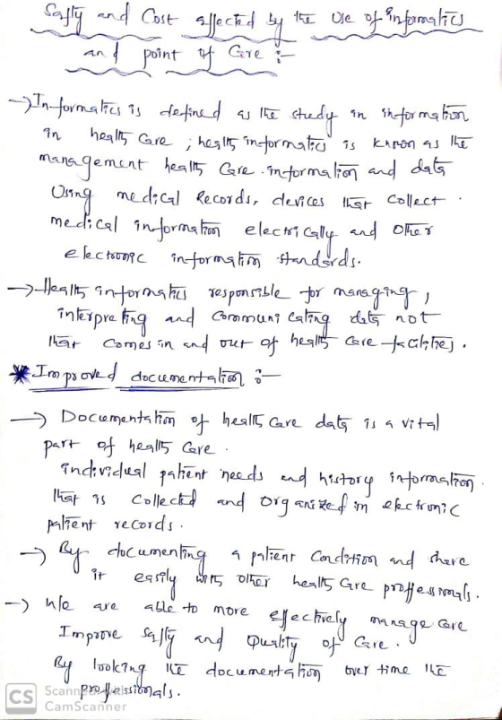 Sabin and Cost Sllected by the use of infomalia and point of Care & - Informatics is defined as the study in information in h