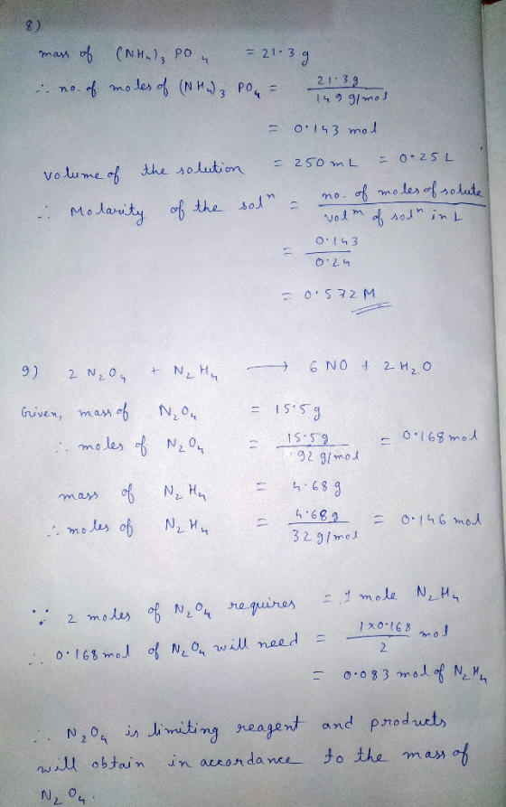 8) 21-3 0.25L volume of dhe solution, Mo ad = 250 wn L o 3 う6N0十2.nz. O + N,H 92 /mod 32 3/med N204 İnJu,muting re agent, and