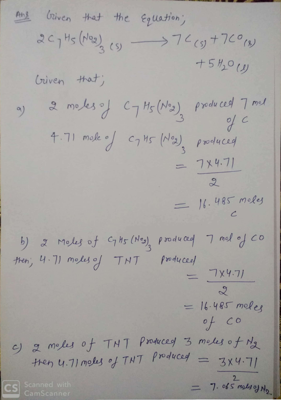 1 And briven that the 207 Hs (NO2)2 (5) equation, 7 (4) +700 (3) +54₂ W Given that; 9 2 moles of Cy Hs (No3) produced 7 mel 3