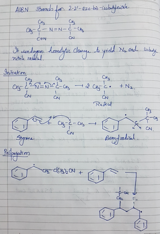 AIBN strands for. 2-2-azo-bis-isobutylorisale. Сн, Си, -NEN-ċ-CH CEN CAL It undugoes ho nitrile radial. to yield Ny and isob