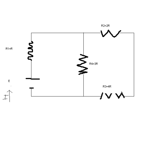 Four resistors are connected to a battery as shown