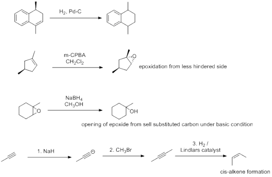 H2, Pd-C m-CPBA CH2Cl2 epoxidation from less hindered side NaBH4 CH3OH он from sell substituted carbon under basic condition