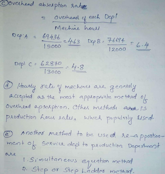 each Dep! Goverhead absoeption rate Overhead f 남 Machine hows Dep A = 69436 .-4.63 Dep B = 76494 15000 12000 6.4 Depl C = 62