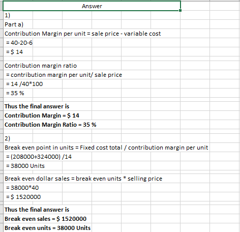 Answer 1) Parta) Contribution Margin per unit = sale price - variable cost = 40-20-6 = $ 14 Contribution margin ratio = contr