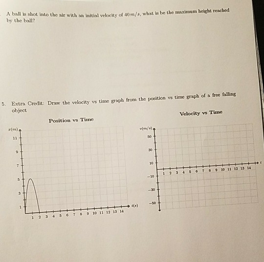 A ball is shot into the alr with an Initial velocity of 40m/s, what is be the maxim by the ball? 5. Extra Credit: Draw the velocity vs time graph from the position vs time graph of a froe falling object Velocity vs Time Position vs Time r(m) 30 10 -1012 3 4 5 6 78 9 10 11 12 13 14 -30 1 2 3 4 5 67 89 10 11 12 13 14