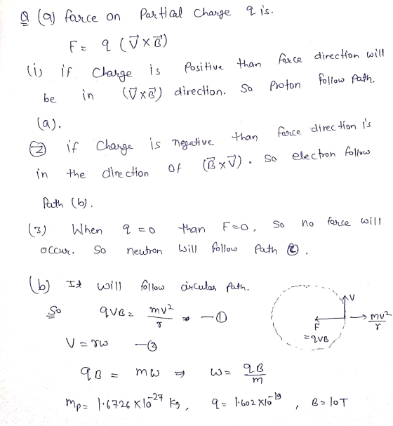 (a) force on Partcal Charge q is. (ū x) force direction will Fa q li if Charge is in (VxB) direction. So Positive than Proton