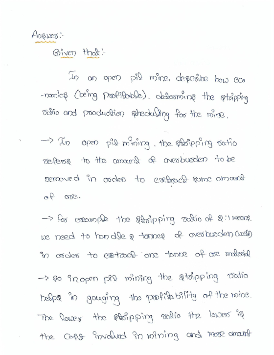 Anawets: Given that In an open pil mine, describe how eco - namicş (being proofipoble). delcoming the stripping datio and pro