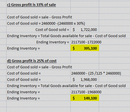 c) Gross profit is 33% of sale Cost of Good sold = sale - Gross Profit Cost of Good sold = 2460000 - (2460000 x 30%) Cost of