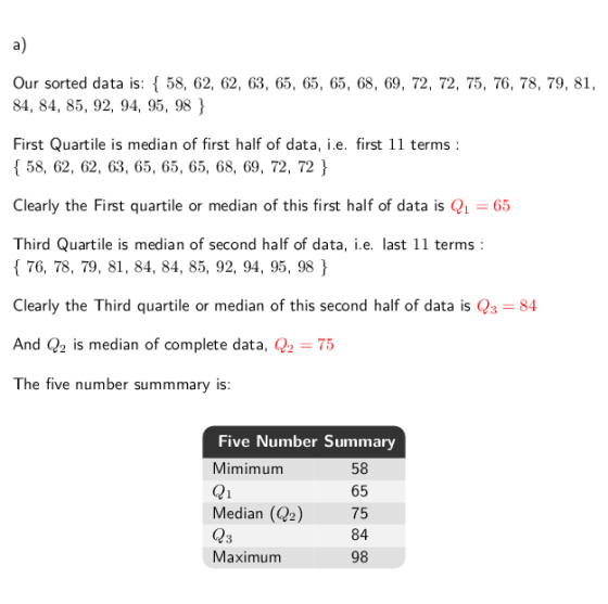 Our sorted data is: 58, 62, 62, 63, 65, 65, 65, 68, 69, 72, 72, 75, 76, 78, 79, 81, 84, 84, 85, 92, 94, 95, 98 ) First Quarti