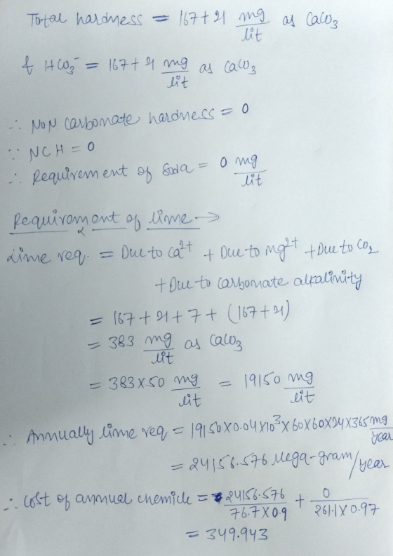 Total hardness = 167+21 mg as Caloz lit f HW₂ = 167+ 9 mg as calz lit . NON carbonate hardness=0 NCH=0 . Requirement of Soda