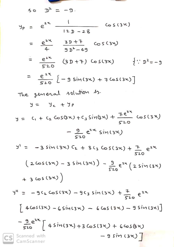 so DP = -9. Yp e 22 Cos(32) 11 121 - 28 3D +7 een 4 Cos (3x) 9 DP-49 e 2x (3D + 7) cos(3x) DE-9 520 2x 520 e² [-9 sin(3x) + 7
