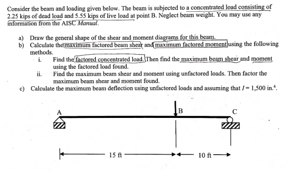 Consider the beam and loading given below. The beam is subjected to a concentrated load consisting of 2.25 kips of dead load